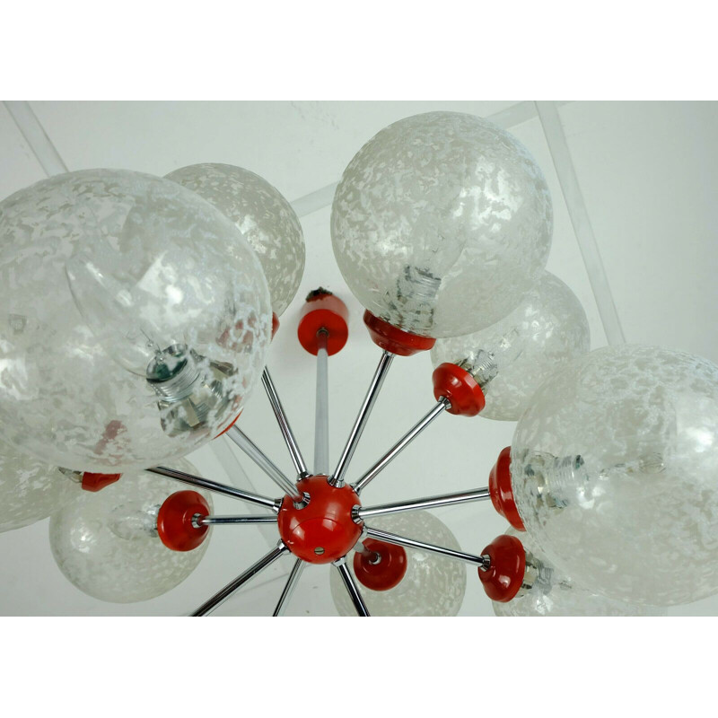 Vintage Sputnik chandelier in chrome, glass and red metal by Richard Essig 1960
