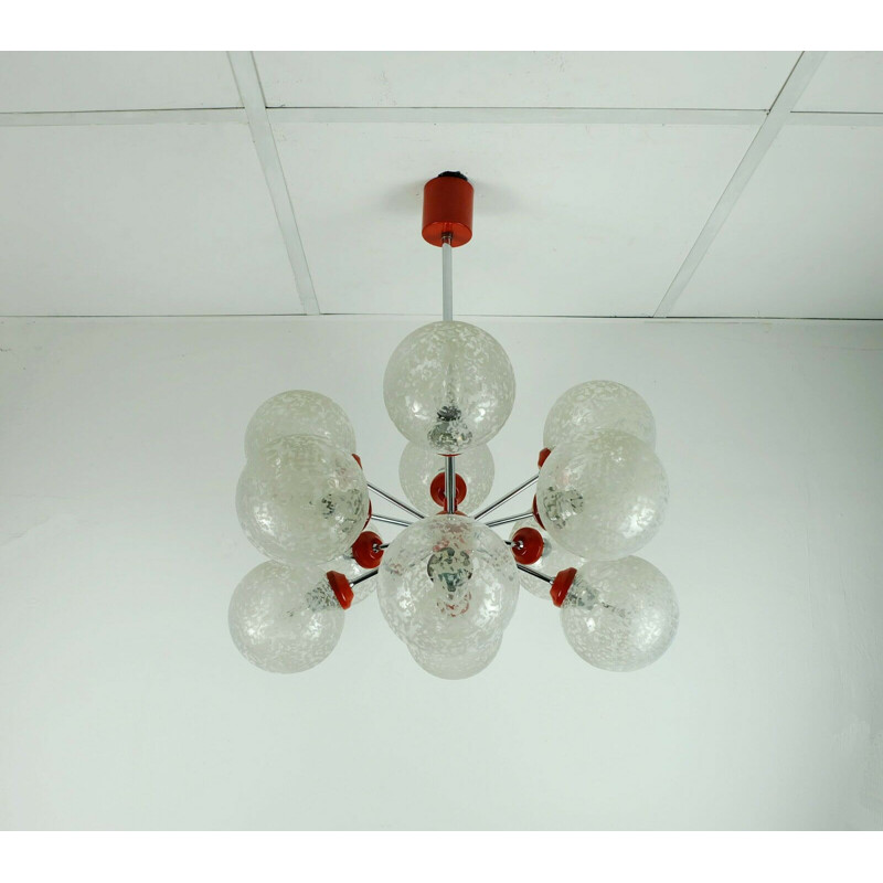 Vintage Sputnik chandelier in chrome, glass and red metal by Richard Essig 1960