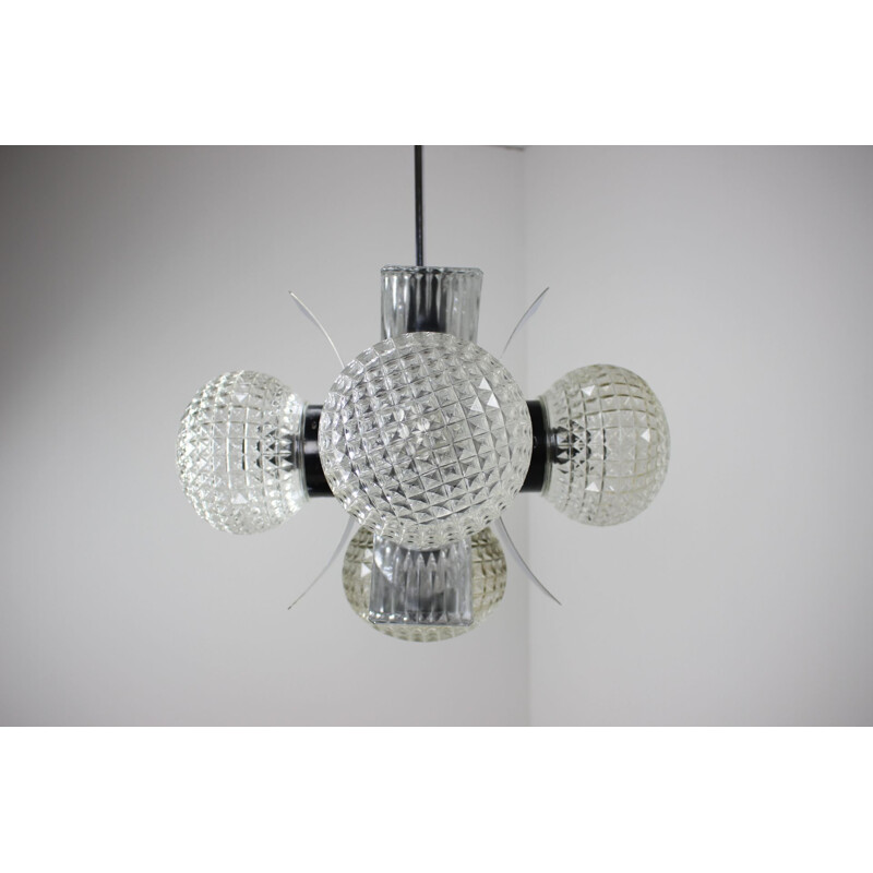 Vintage metal and milk glass chandelier, Czechoslovakia 1965