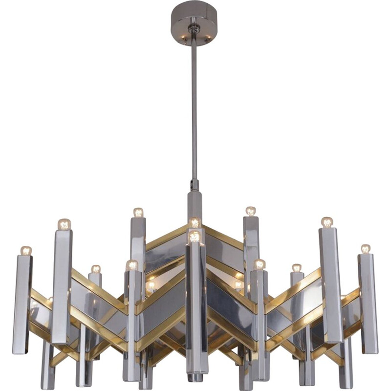 Vintage Sciolari chandelier 'Chevron' large 21 lights brass & chrome Italian 1970s