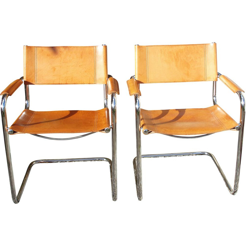 Pair of vintage armchairs in tawny leather and chrome by Mattéo Grassi 1970