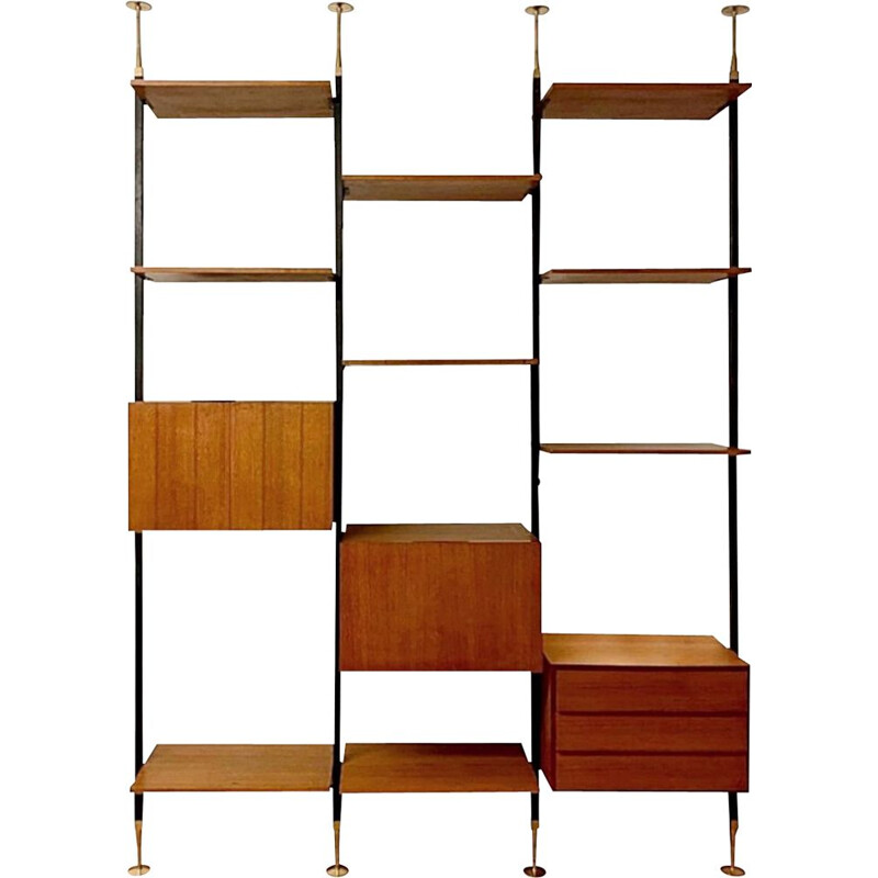 Vintage teak and brass wall unit, Italy 1950