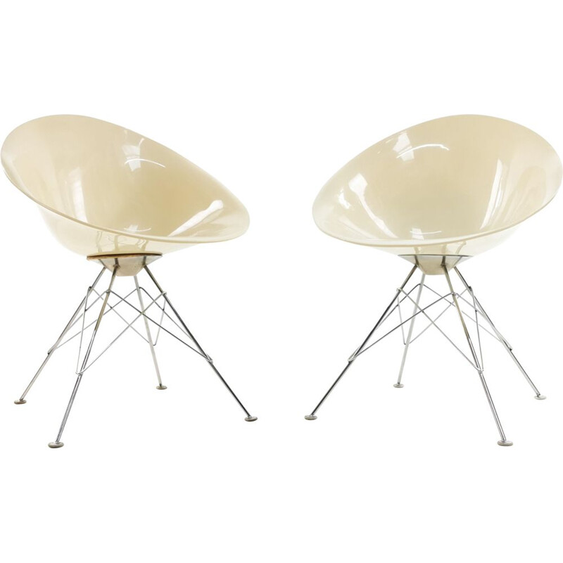 Fauteuils vintage Eros en lucite crème et fil chromé de Philippe Starck pour Kartell 1980