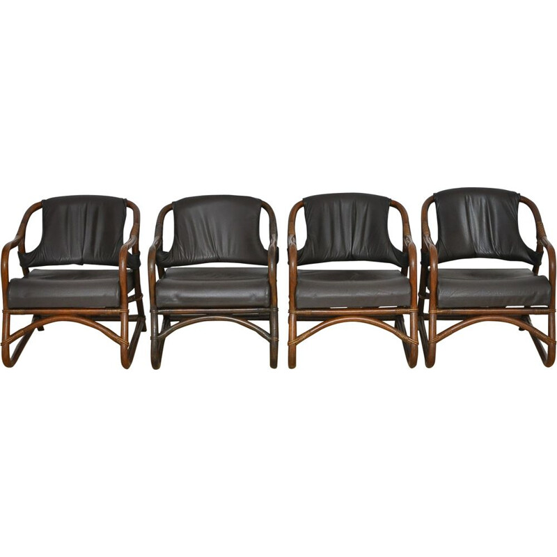 Set of 4 vintage bamboo armchairs with leather seat 1970