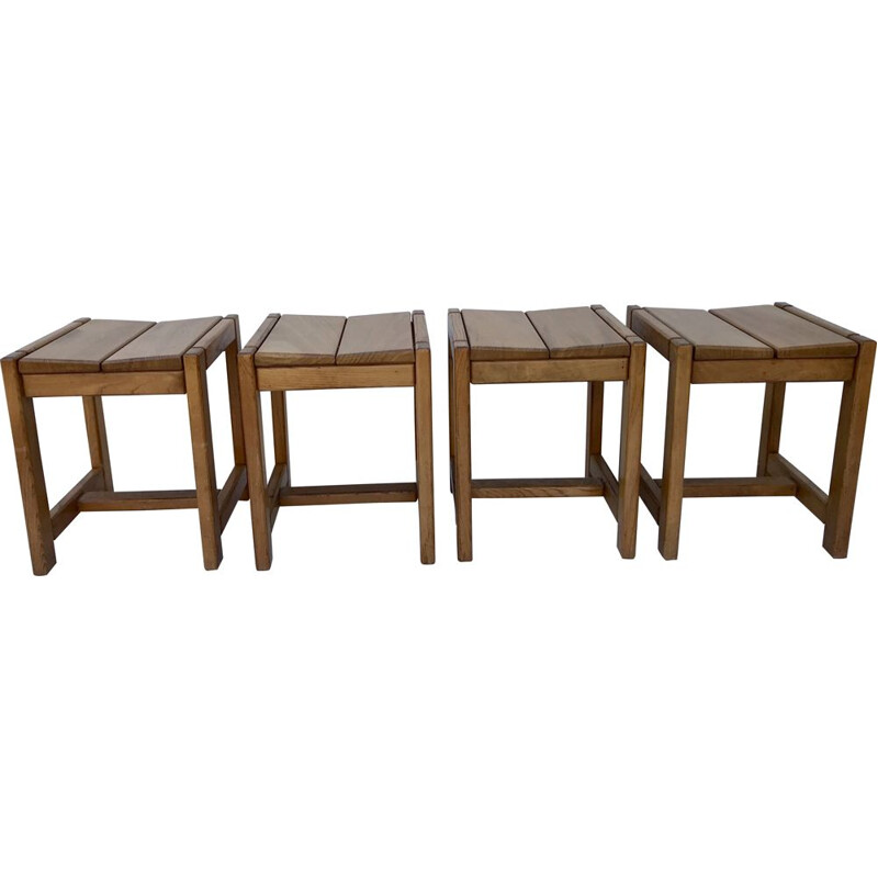 Set of 4 vintage solid elm stools, France 1970