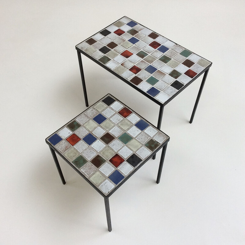 Vintage enamelled ceramic nesting tables by Mado Jolain, France 1950