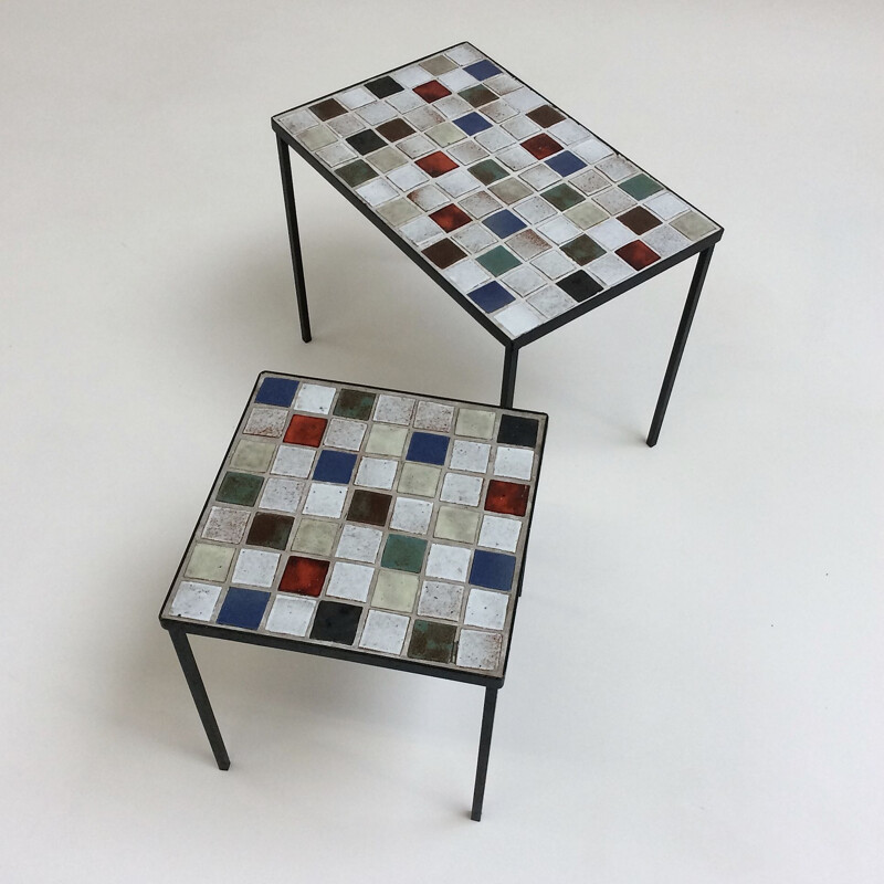 Vintage enamelled ceramic nesting tables by Mado Jolain, France 1950