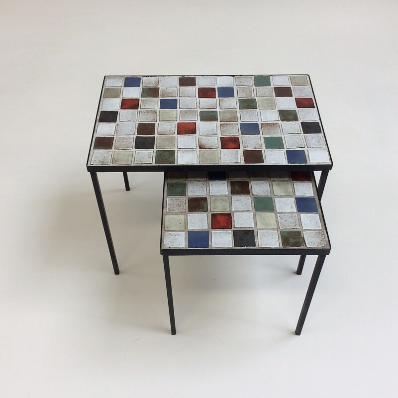 Vintage enamelled ceramic nesting tables by Mado Jolain, France 1950