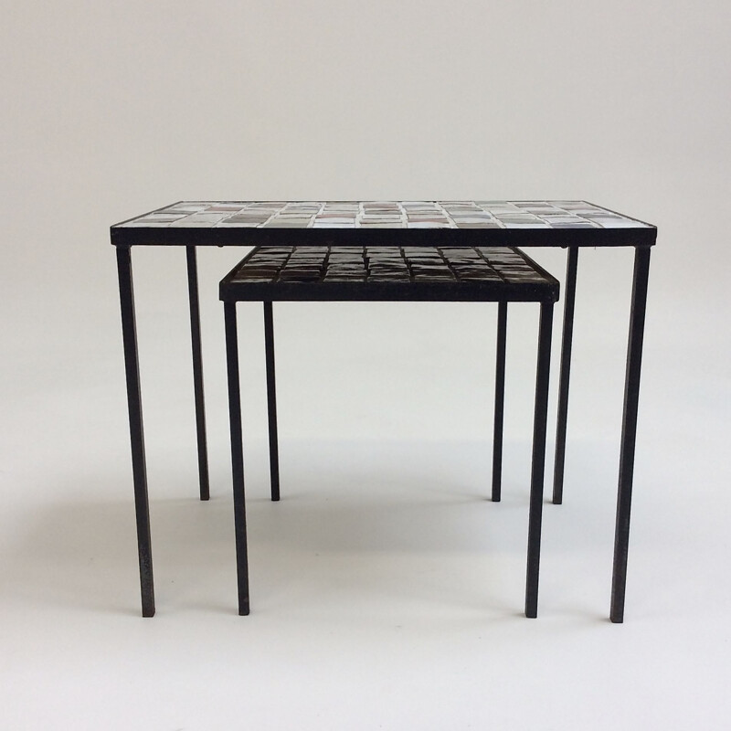 Vintage enamelled ceramic nesting tables by Mado Jolain, France 1950