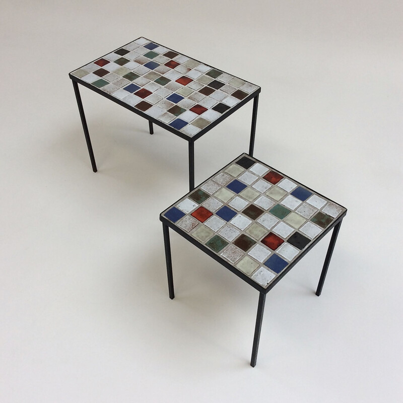 Vintage enamelled ceramic nesting tables by Mado Jolain, France 1950