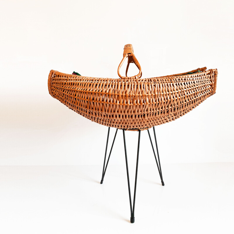 Vintage rattan &wrought iron tripod basket Scandinavian 1950