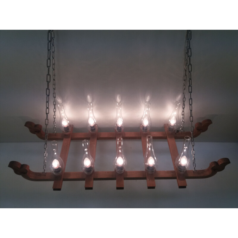 Vintage wooden chandelier, Czechoslovakia 1940