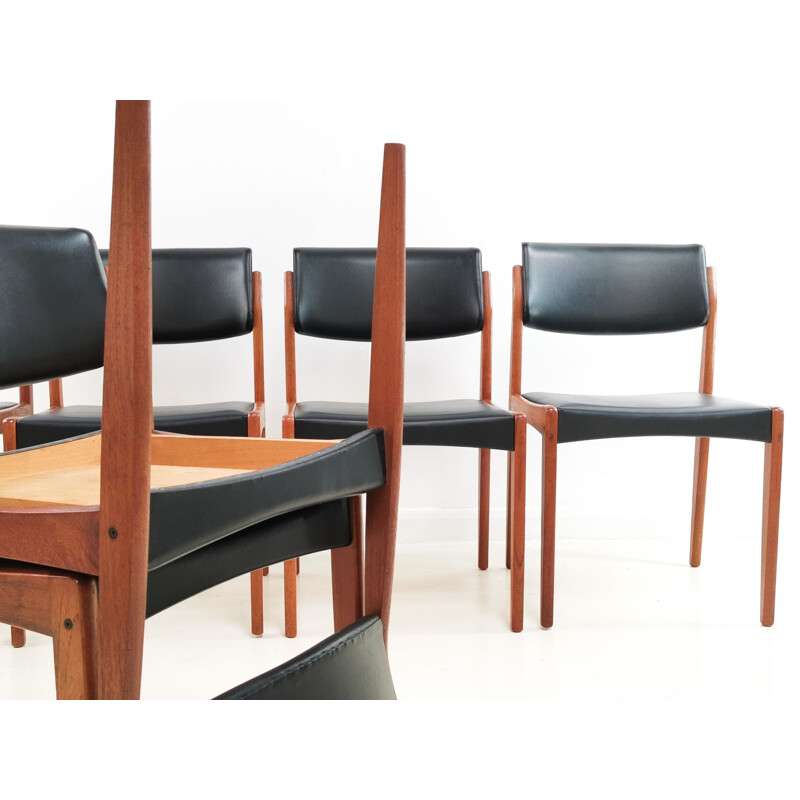 set of 6 Vintage Teak & Vinyl Mid Century Dining Chairs by Bramin Danish 1960s