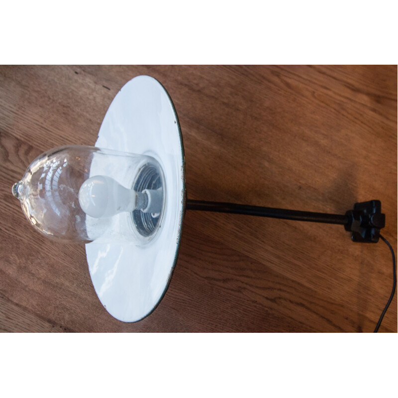 Vintage zwanenhalslamp van glas en geëmailleerd plaatstaal