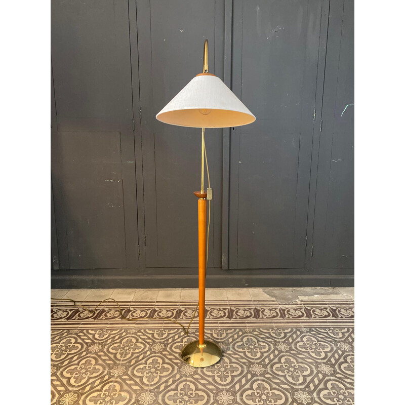 Vintage brass and Scandinavian wood floor lamp 1960