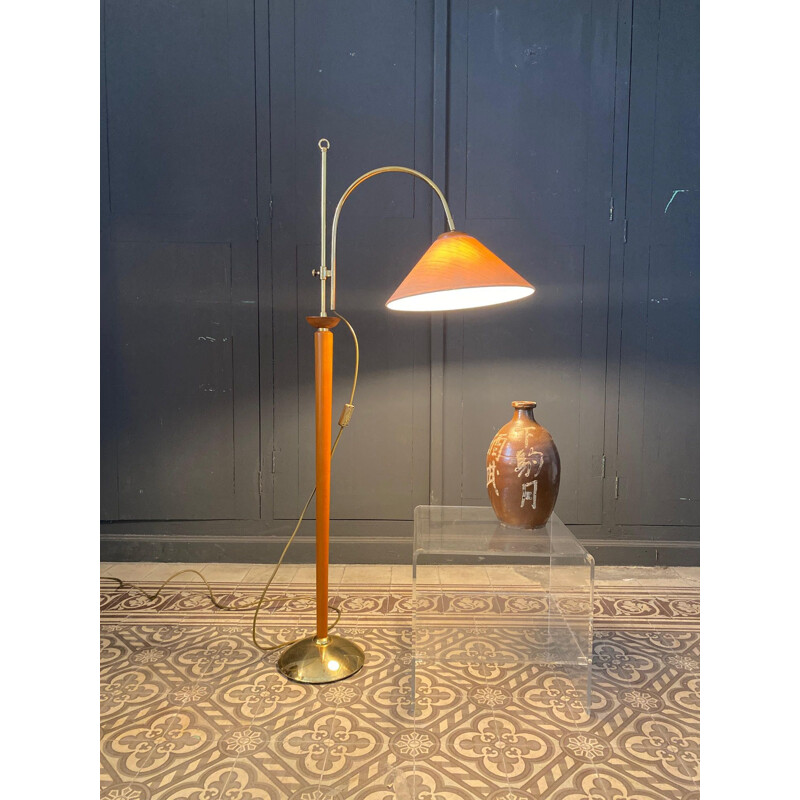 Vintage brass and Scandinavian wood floor lamp 1960