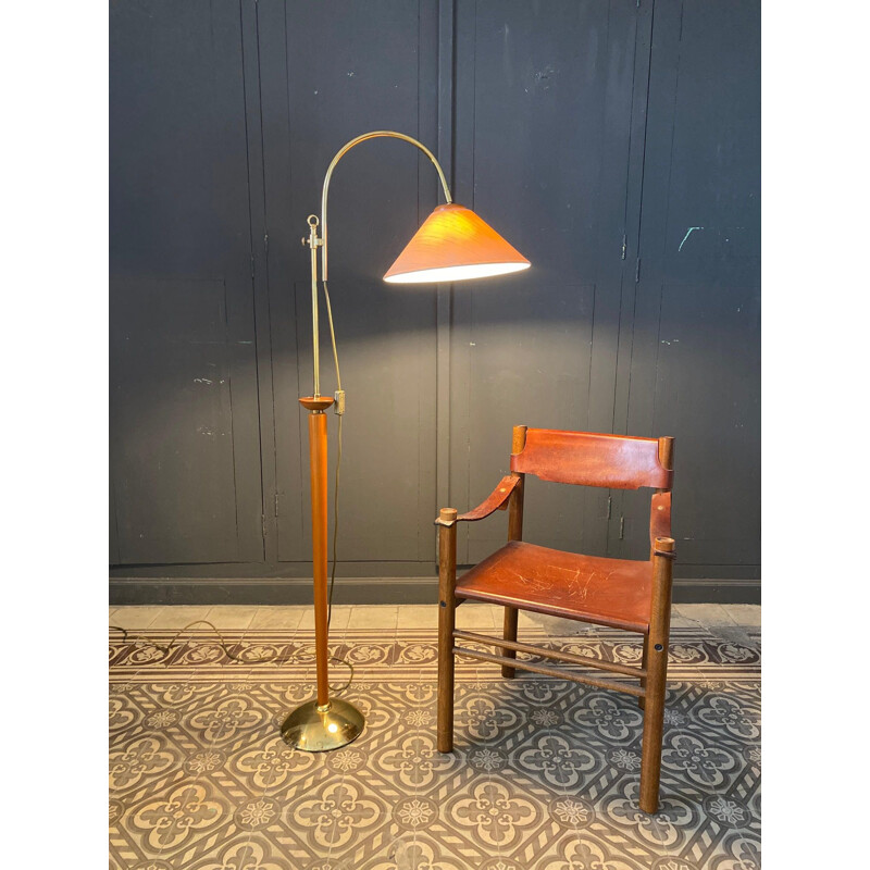 Vintage brass and Scandinavian wood floor lamp 1960