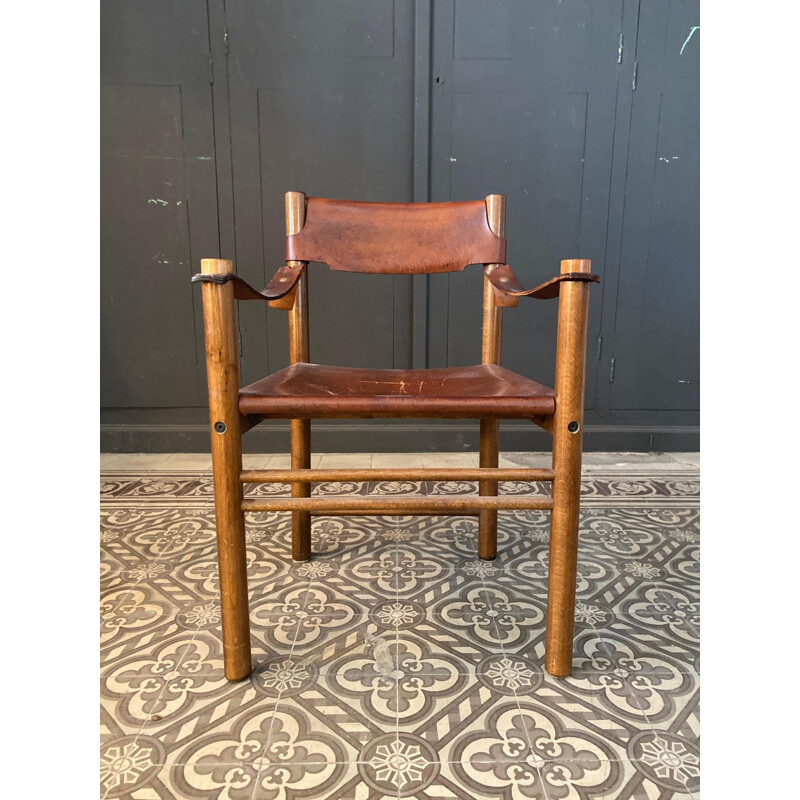 Vintage armchair 'ibisco' in wood and leather Italy 1960