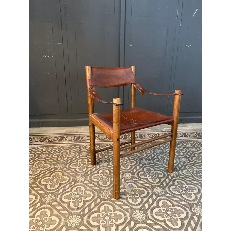 Fauteuil vintage 'ibisco' en bois et cuir italie 1960