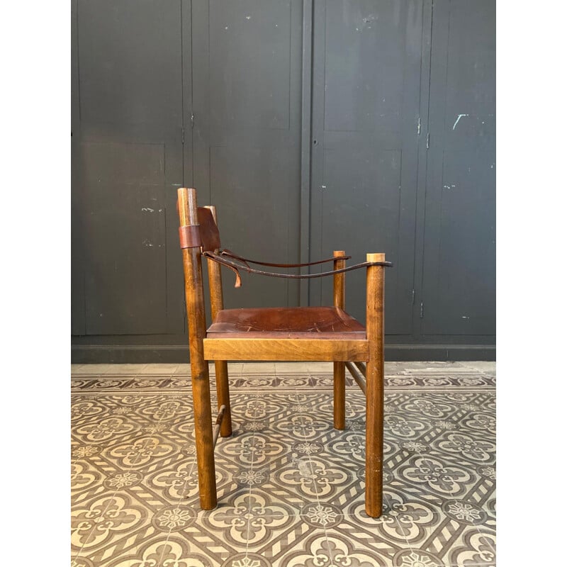 Fauteuil vintage 'ibisco' en bois et cuir italie 1960