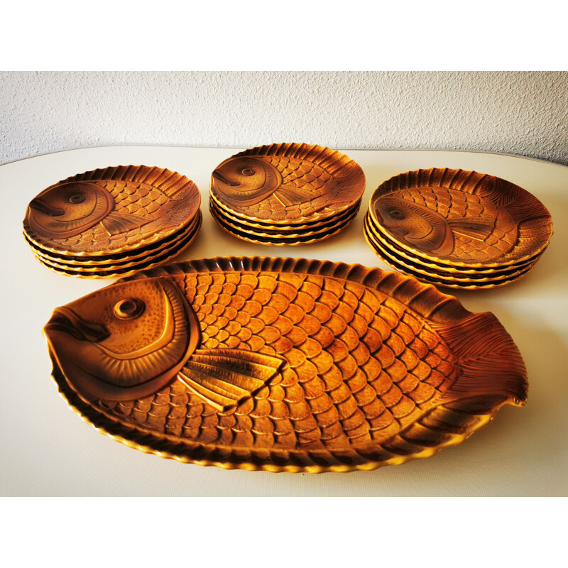 Vintage fish set in Sarreguemines earthenware, France 1960