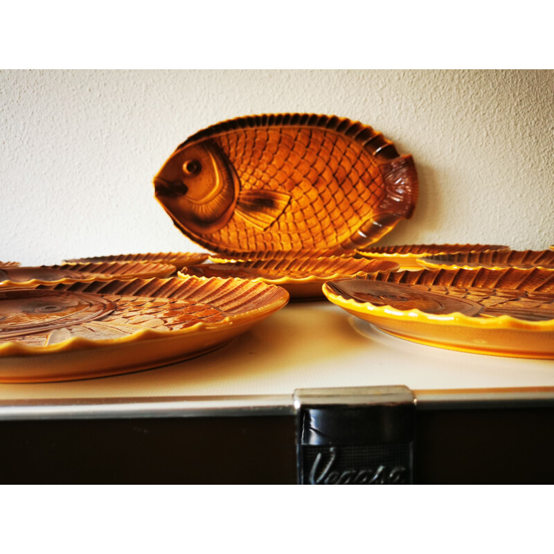 Vintage fish set in Sarreguemines earthenware, France 1960