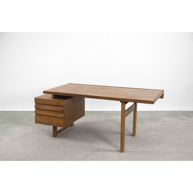 Vintage Brutalist Geometrical Oak Desk with Drawers Scandinavian 1950s