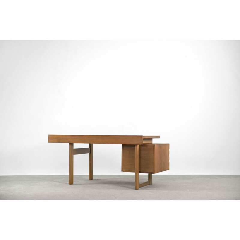 Vintage Brutalist Geometrical Oak Desk with Drawers Scandinavian 1950s