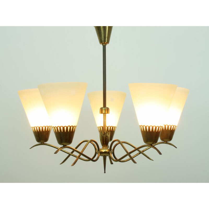 5-arm chandelier in glass and brass  - 1950s