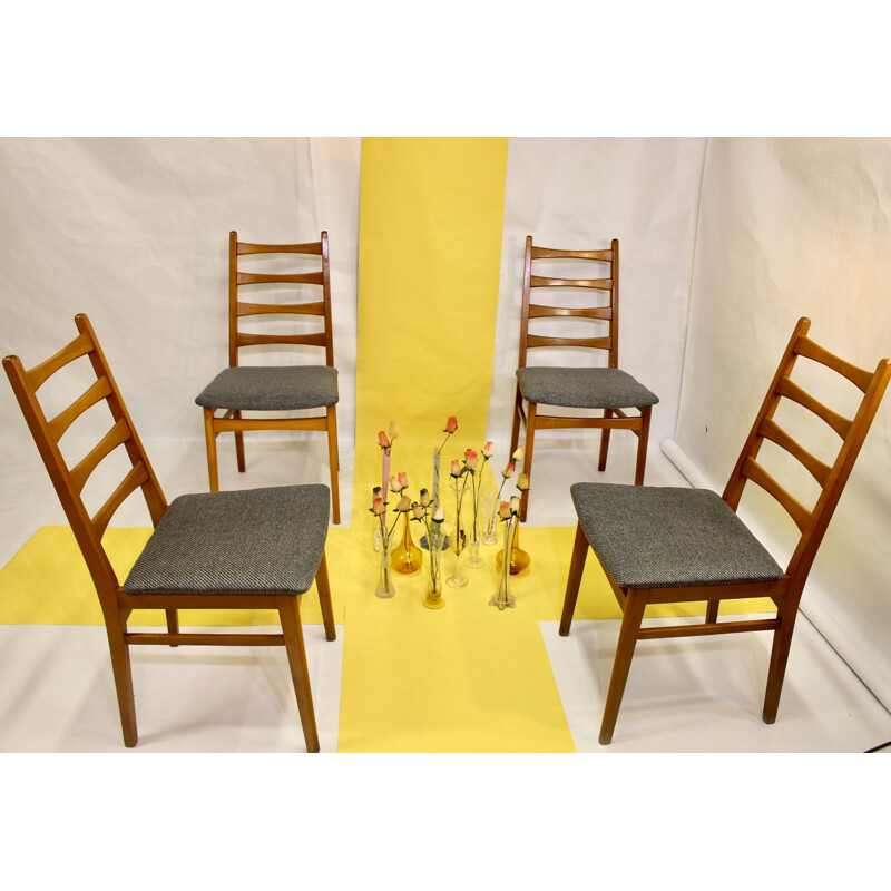 Set of 4 vintage chairs in dark grey Scandinavian herringbone textured fabric 1950's