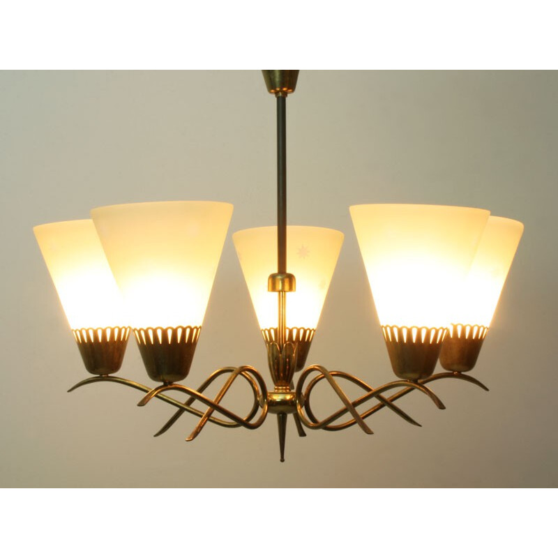 5-arm chandelier in glass and brass  - 1950s