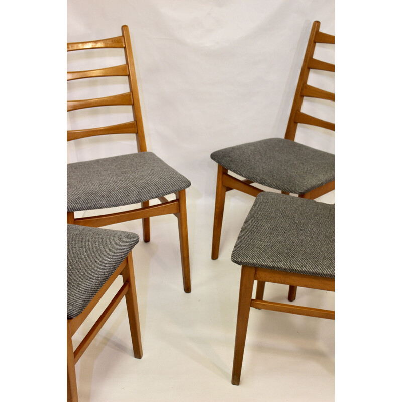 Set of 4 vintage chairs in dark grey Scandinavian herringbone textured fabric 1950's