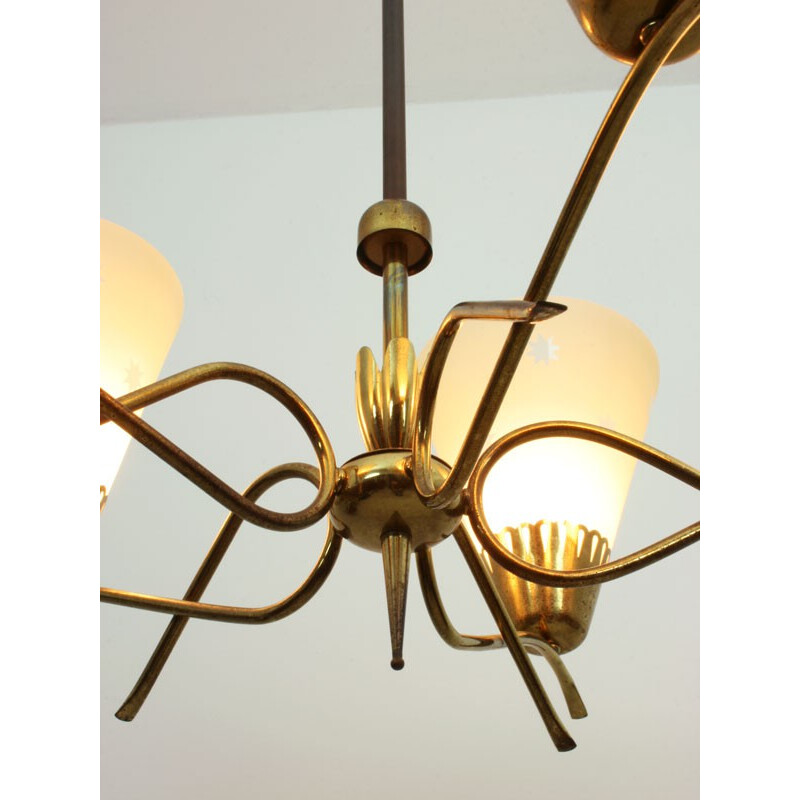 5-arm chandelier in glass and brass  - 1950s