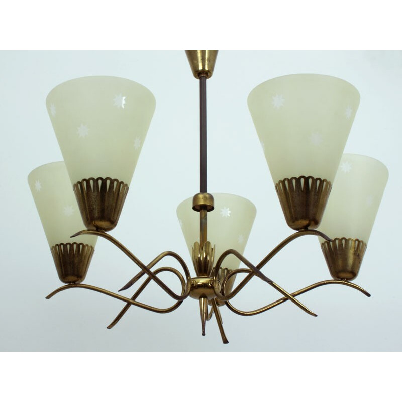 5-arm chandelier in glass and brass  - 1950s