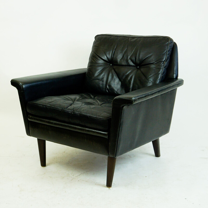 Vintage Black Leathrt and Rosewood Armchair Danish 1950s
