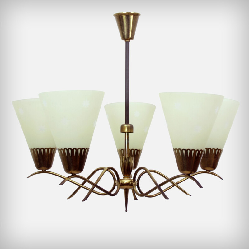 5-arm chandelier in glass and brass  - 1950s