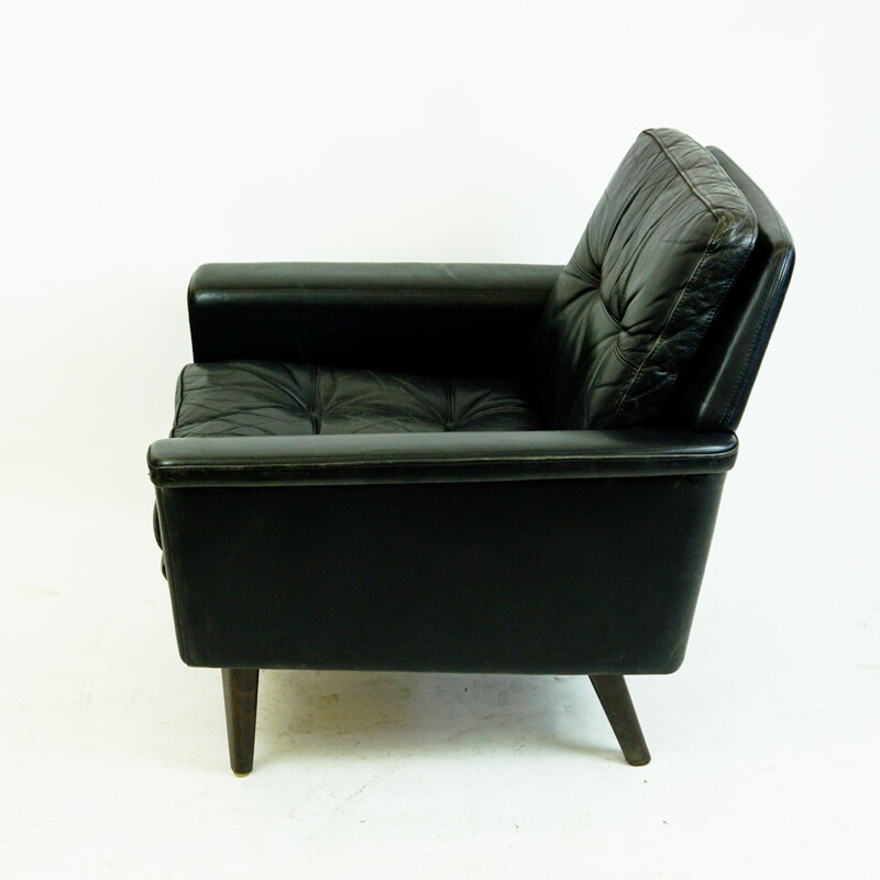 Vintage Black Leathrt and Rosewood Armchair Danish 1950s