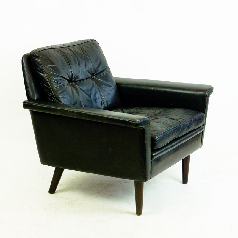 Vintage Black Leathrt and Rosewood Armchair Danish 1950s