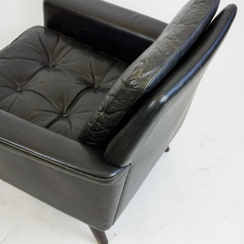 Vintage Black Leathrt and Rosewood Armchair Danish 1950s