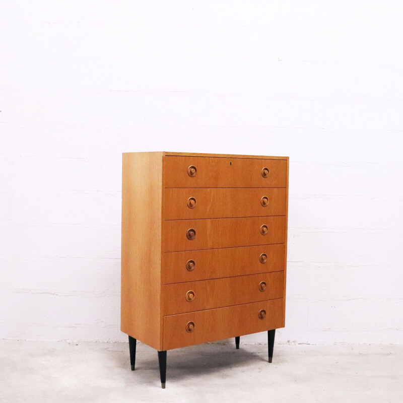Vintage oak chest of drawers with beech legs danish