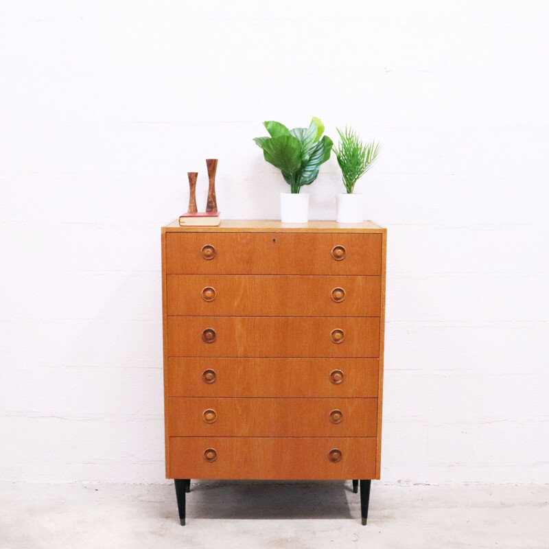 Vintage oak chest of drawers with beech legs danish