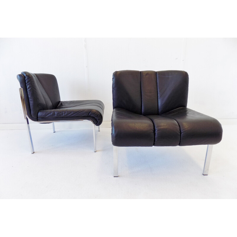 Pair of vintage black leather lounge chairs Girsberger Eurochair 1970