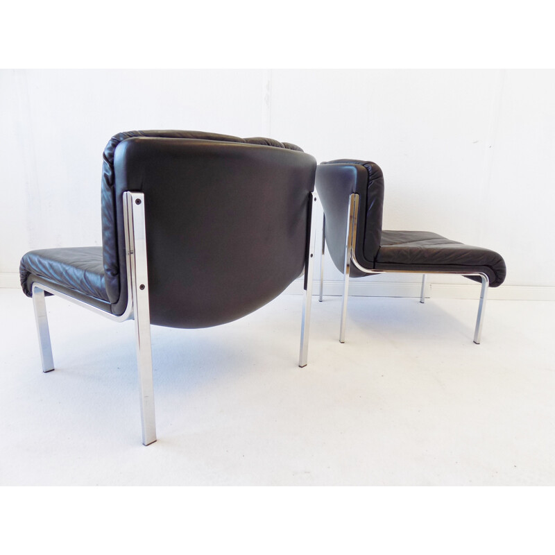 Pair of vintage black leather lounge chairs Girsberger Eurochair 1970