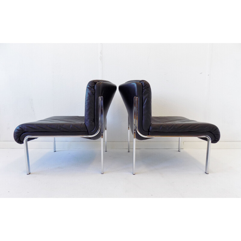Pair of vintage black leather lounge chairs Girsberger Eurochair 1970
