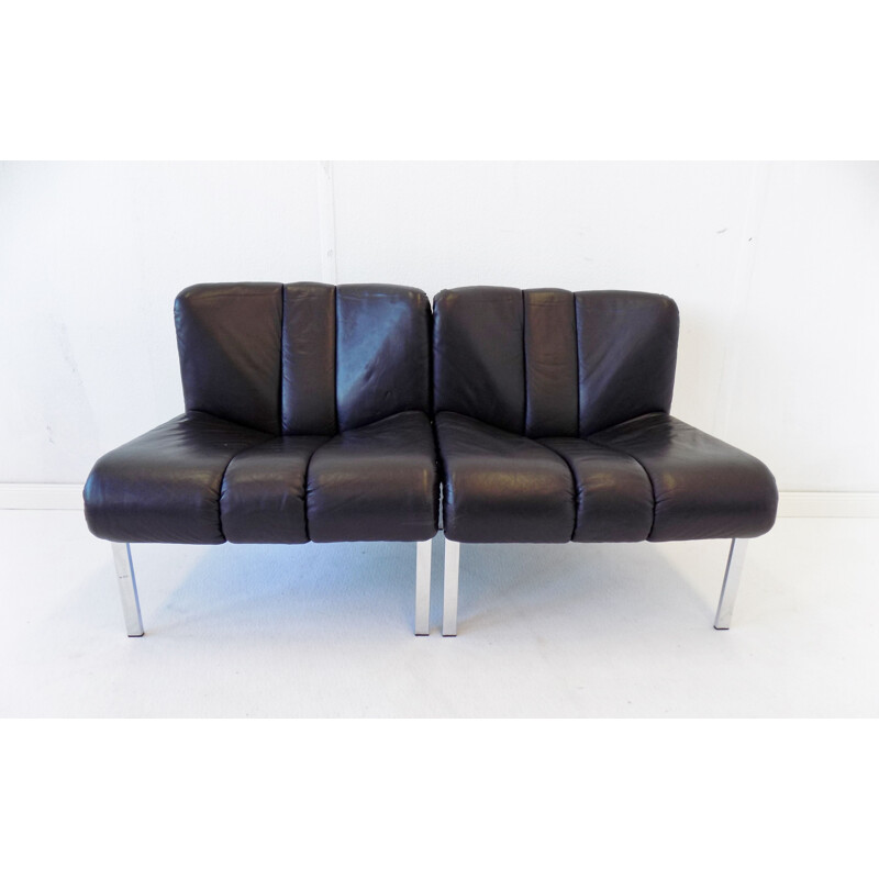 Pair of vintage black leather lounge chairs Girsberger Eurochair 1970