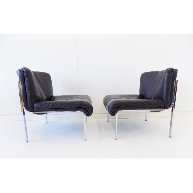 Pair of vintage black leather lounge chairs Girsberger Eurochair 1970