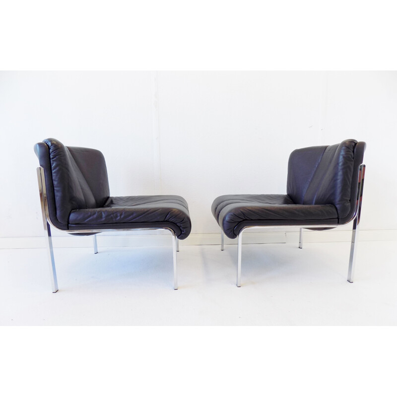 Paire de fauteuils lounge vintage en cuir noir Girsberger Eurochair 1970