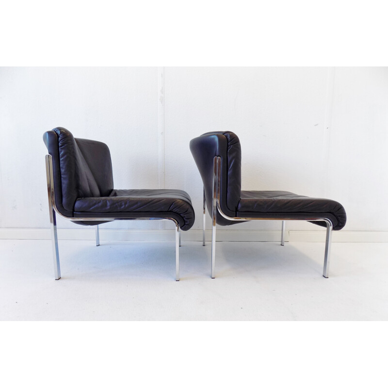 Pair of vintage black leather lounge chairs Girsberger Eurochair 1970