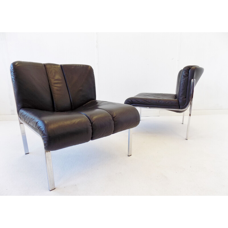 Paire de fauteuils lounge vintage en cuir noir Girsberger Eurochair 1970