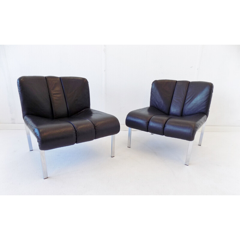 Pair of vintage black leather lounge chairs Girsberger Eurochair 1970